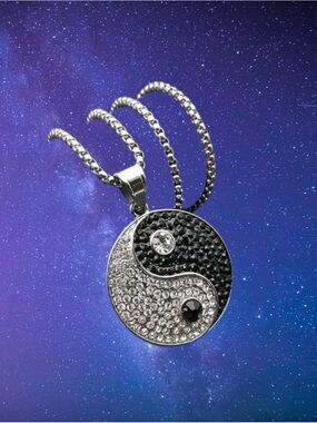 Yin Yang Crystal Pendant Necklace in Black & Silver